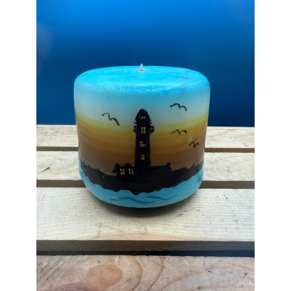 Vintage Lighthouse Sunset Musical PillarCandle-Coastal Decor Nautical Wax Candle